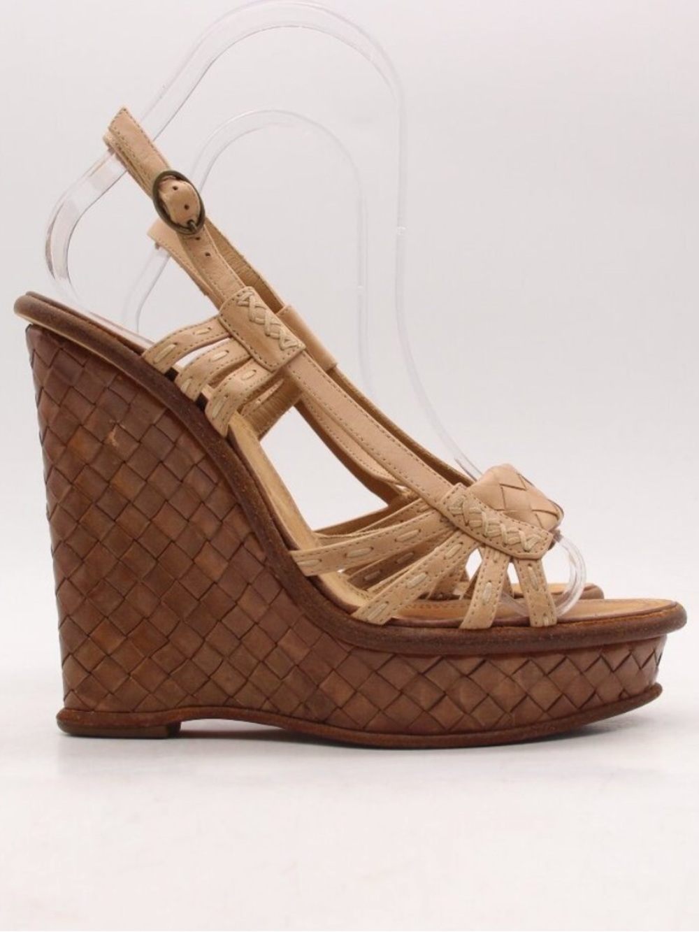 Authentic Bottega Veneta Beige and Brown Intrecciato Leather Wedge Sandals